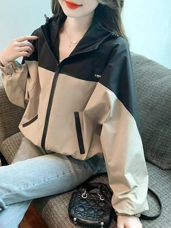 2025 New Color Block Short Jacket Casual Style Women's Fashion Sun Protection Clothing Polyester Fabric Zipper Closure Long S...