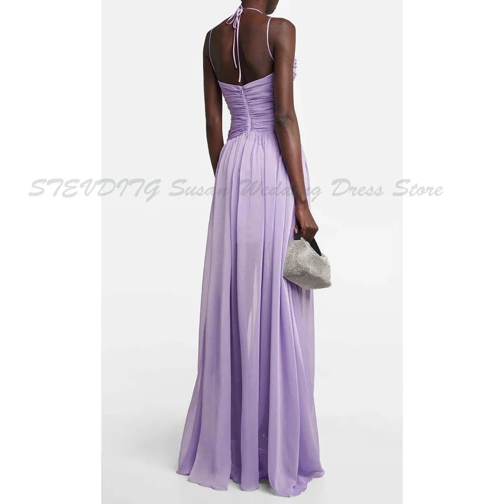 Sexy Halter Prom Party Dresses Women Sleeveless Purple A Line Sweep Train Floor Length Female Wrinkle Celebrity Girl Clothing