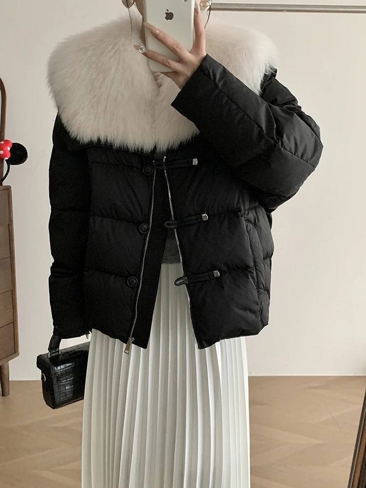 Mode Herbst Winter Luxus Echt Fox Pelz Kragen Dicke Frauen Warme Mantel Weiße Gans Unten Jacke Outwear Weiblichen Mantel