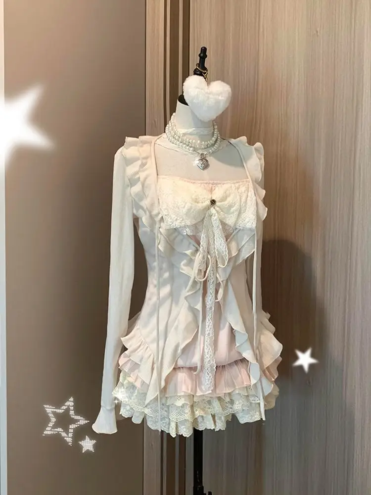 Sweet Lolita 3 Piece Set Women Bowknot Lace Ruffle High Waist Tiered Skirt Kawaii Coquette Retro Japanese Fashion Daily Clothes