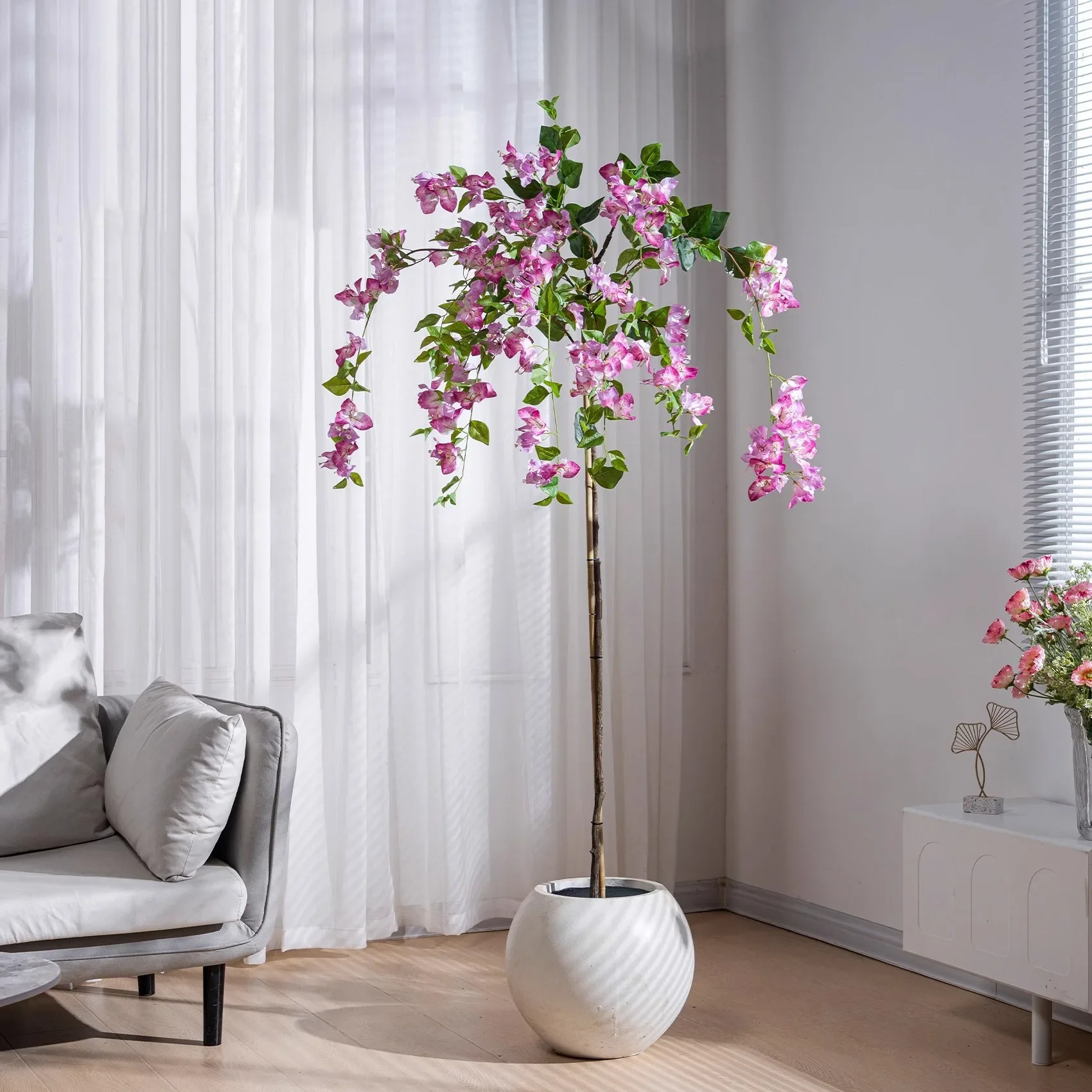 

Advanced simulated green plant triangle plum, fake flower tree, floor-to-ceiling potted plant in indoor living room, home decora