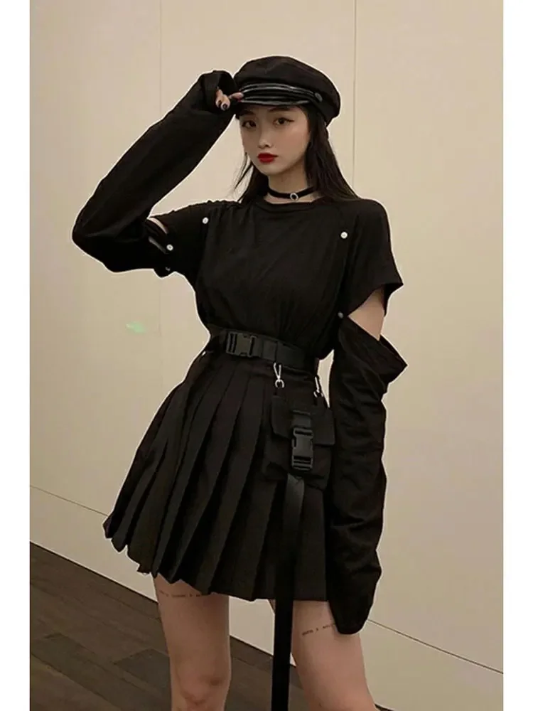 Harajuku Skirt Women Oversized Korean Dark Punk Style High Waist  A-Line Pleated Skirt Girl 2024 Summer Trend