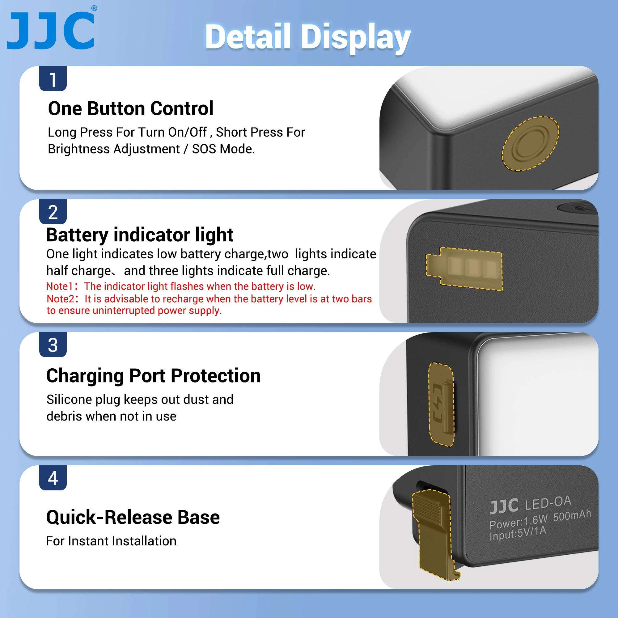 JJC الفيديو الضوئي ل DJI Osmo Action 5 Pro LED ضوء ل DJI Action 4 3 ملء الضوء IPX5 مقاوم للماء Selfie Vlog Light 500mAh #3