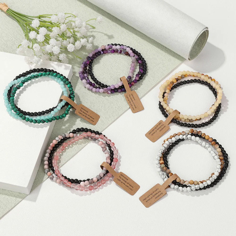 3pcs Triple Protection Bracelet 4mm Tiger Eye Obisidian Hematite Beaded Bracelet Set For Men Women Natural Stone Bangles Jewelry