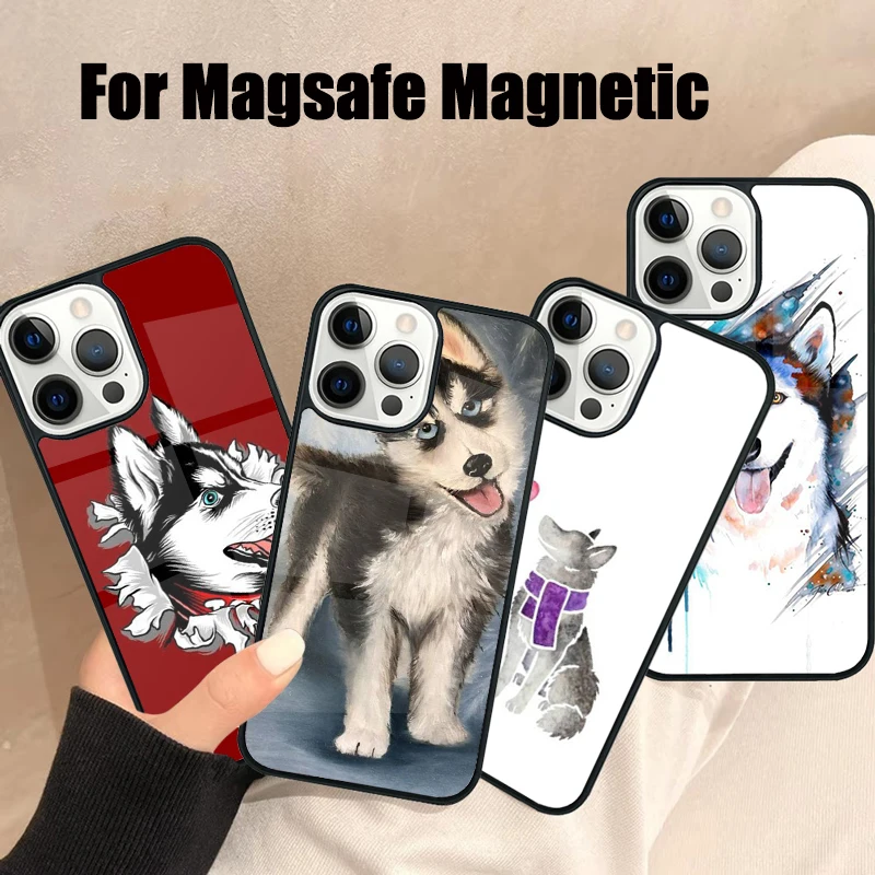 Coque de téléphone Magsafe pour iPhone, coque magnétique sans fil, Malamute d'Alaska, Husky sibérien, chien, 16, 15, 14, 13, 12, 11 Pro Max Plus Mini