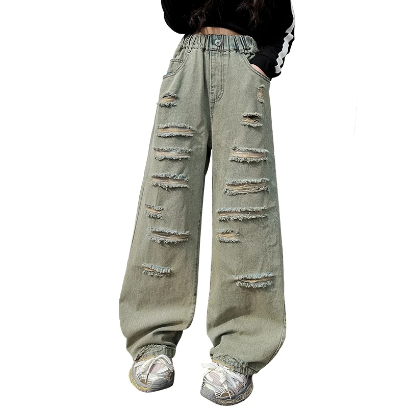 

Jeans for Girls Vintage Color Spring Autumn Kids Fashion Broken Hole Denim Loose Trousers Cool Teens Girl Ripped Wide Leg Pants