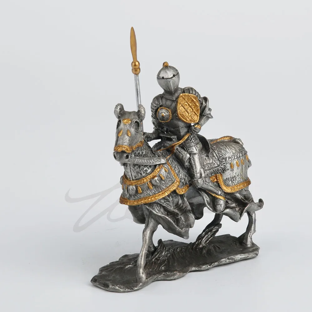 Alloy Medieval Knight Statue Silver Gold Trim Mounted Warrior Figurine with Lance and Shield Home Tabletop Decor Ornament Gift