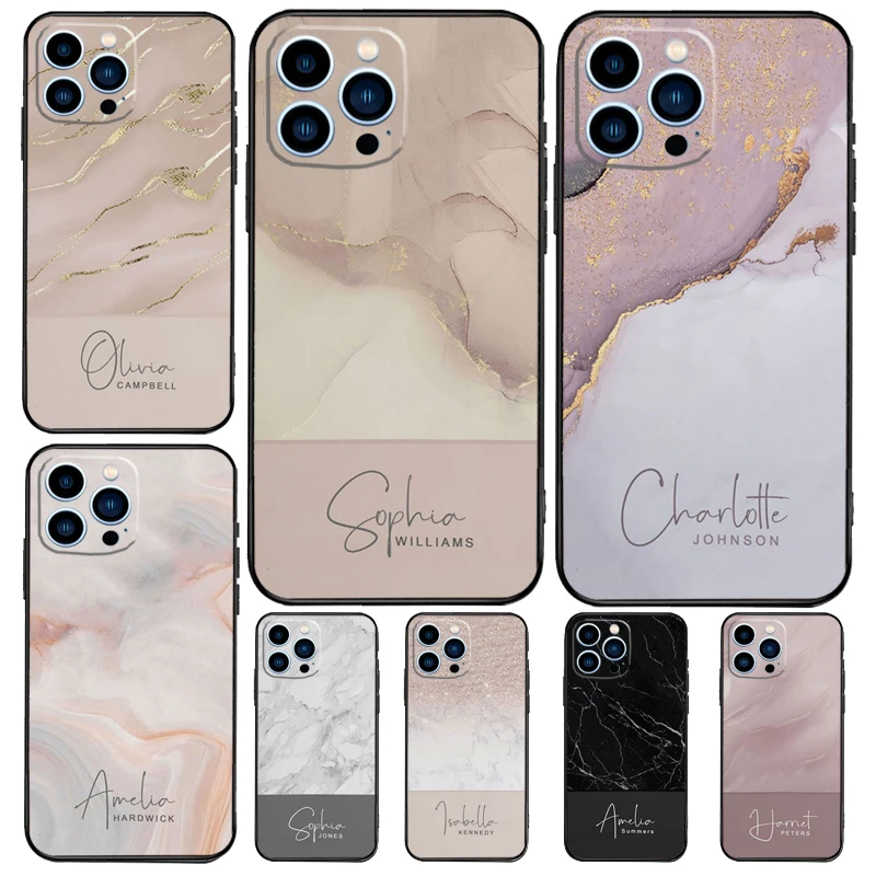 Personalised Signature Surname Marble Case For iPhone 11 12 13 14 15 16 Pro Max 15 16 Plus 13 12 Mini X XS XR Cover