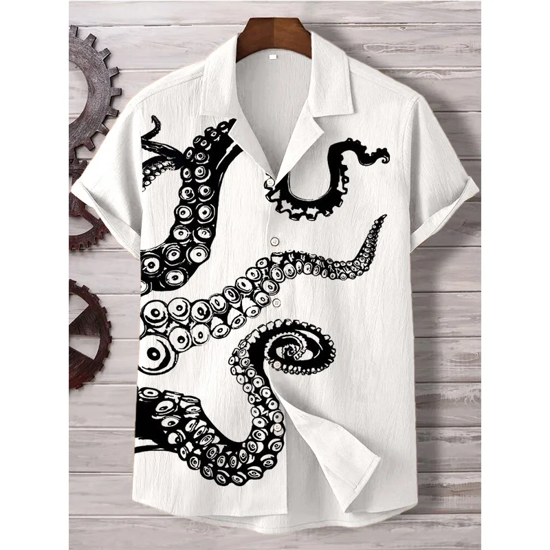 Men's Octopus Tentacles Art Graphic Print Short Sleeve Shirt Harajuku Shirt Summer Hipster Button Down Casual Shirt Holiday Tops