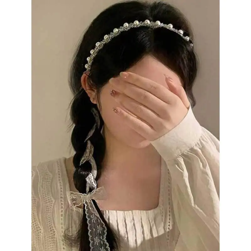 

White Lace Crystal Pearl Hair Tie Ribbon Headband Eight Character Bangs Fairy Tale Style Hair Accessories Hair Bands Hair Rings