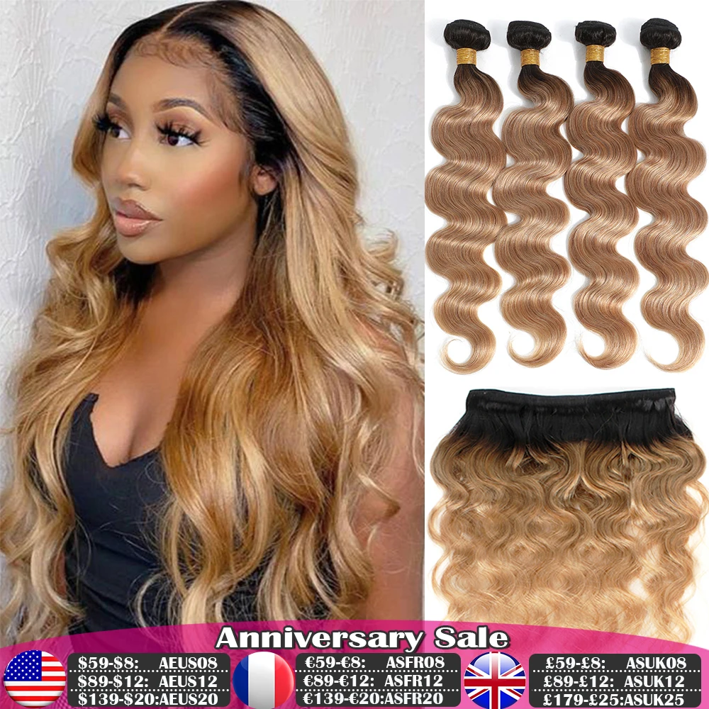 Ombre Blonde Body Wave 3 4 Bundles Colored Brazilian Remy 100% Unprocessed Human Hair Wavy Doule Drawn Bundles Weave Extensions