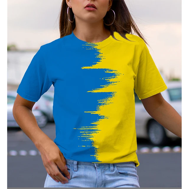Koszulka damska Niebieski Żółty Kolor Kontrastowy Nadruk 3D Koszulki Damskie Streetwear Krótki Rękaw Y2k Top Harajuku Damskie Oversize T Shirty