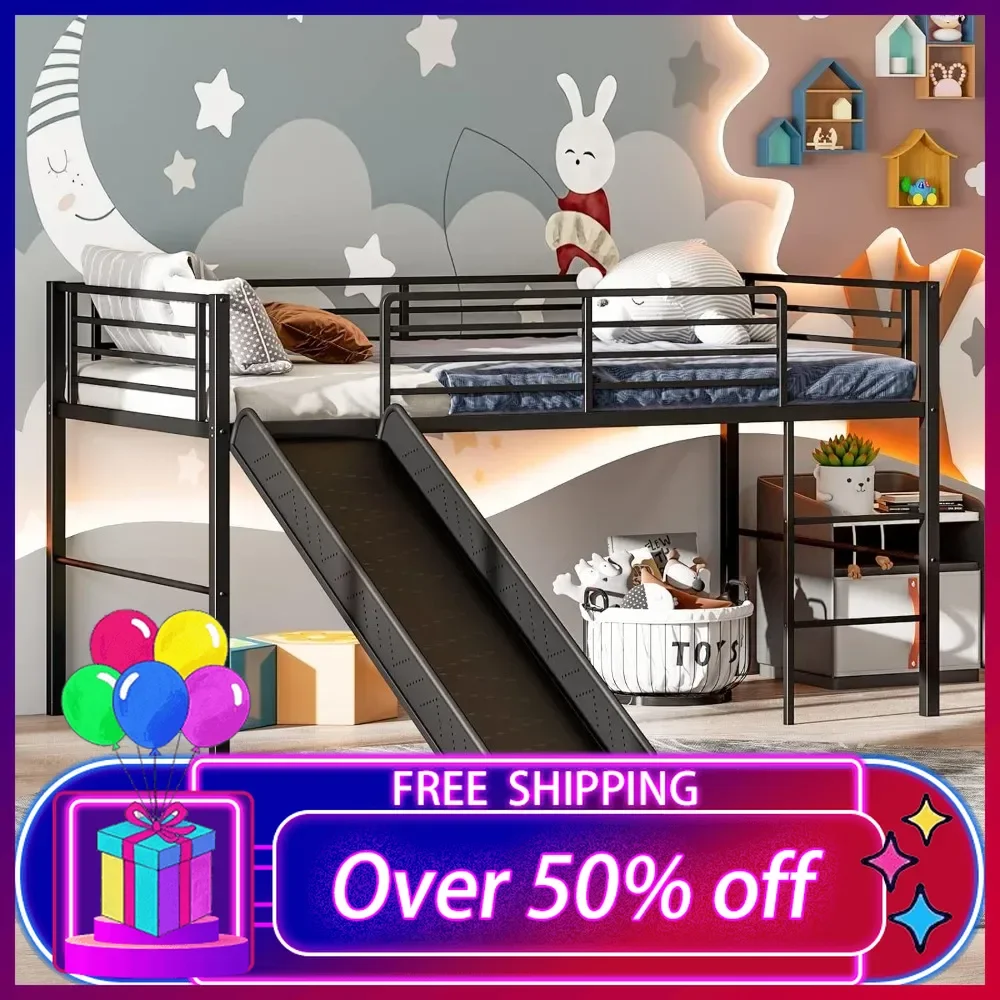 

Twin Loft Bed with Slide, Metal Low Bunk Bed w/Safety Guardrails&Built-in Ladder,Toddler Beds Floor Frame for Boys & Girls,Black