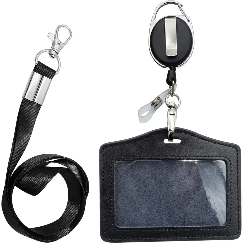 ID Card Holder+Lanyard+ID Card Holder，With retractable reel、Carabiner and plastic clip（Genuine leather horizontal style black）：O