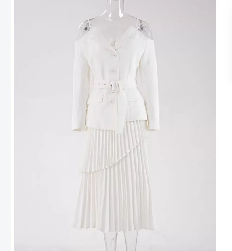 Autumn fashion off shoulder V-neck camisole top, high waist pleated half skirt two-piece set