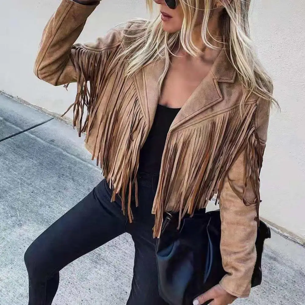 Womens Vintage Lapel Long Sleeve Fringe Cropped Motor Biker Cardigan Outwears Faux Suede Tassel Jacket