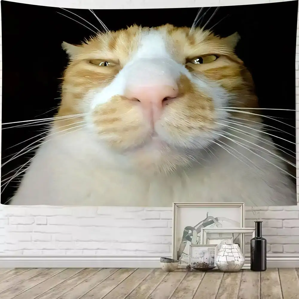 Funny Meme Chubby Orange Cat Face Tapestry Close Up Cat Meme Wall Hanging Cute Portrait Wall Bedroom Dorm Living Room Decor