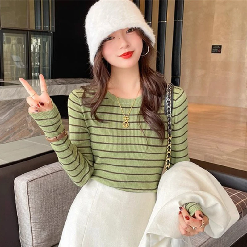 Sweater Top Striped Long Sleeve Pullover Slim Fit Inner Layer Tee Casual Base Bottoming Shirt Autumn Winter Fashion Lady Top