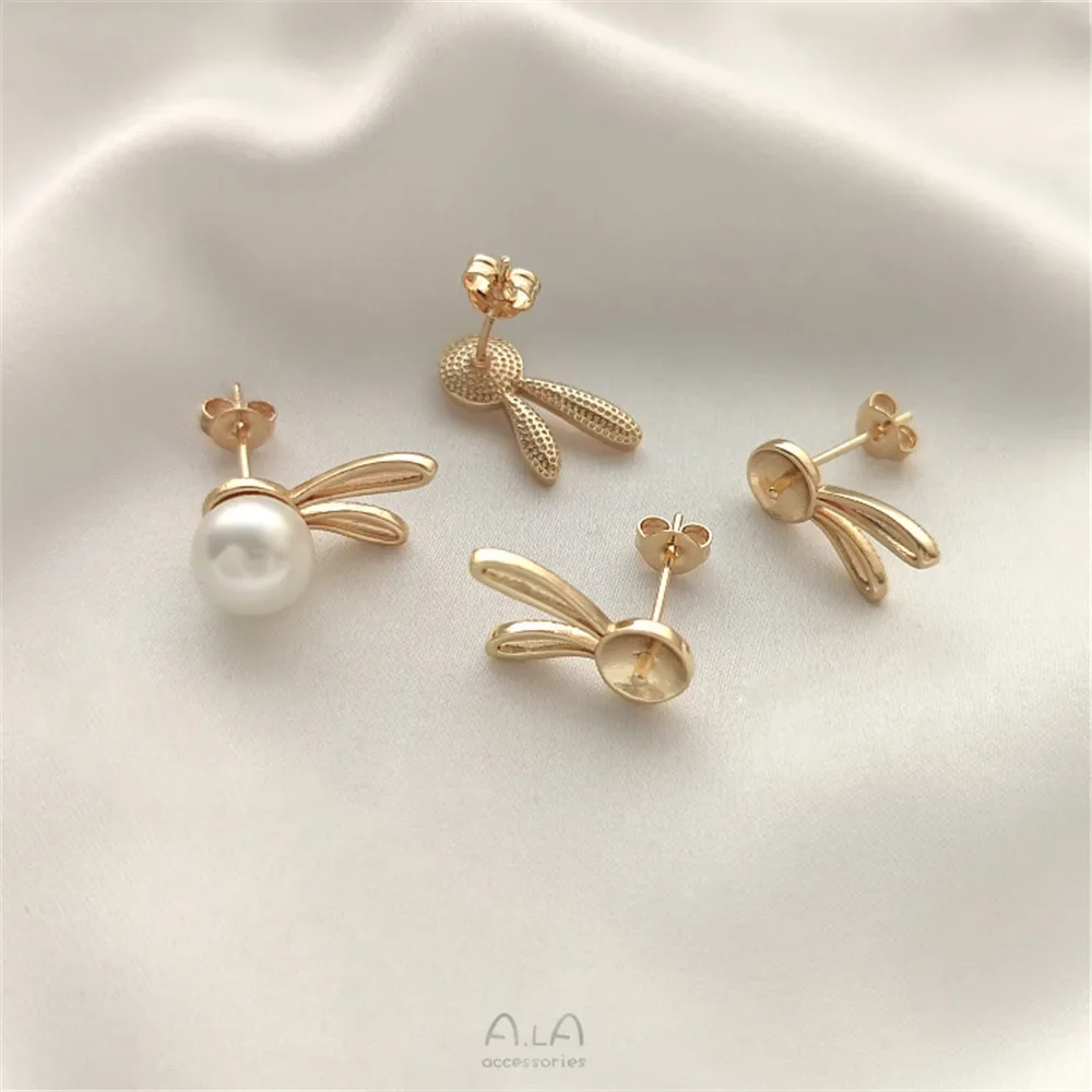 14K Gold Wrapped Half Hole Pearl Holder Ear Studs Rabbit Ears 925 Silver Needle DIY Adhesive Bead Ear Jewelry Accessories