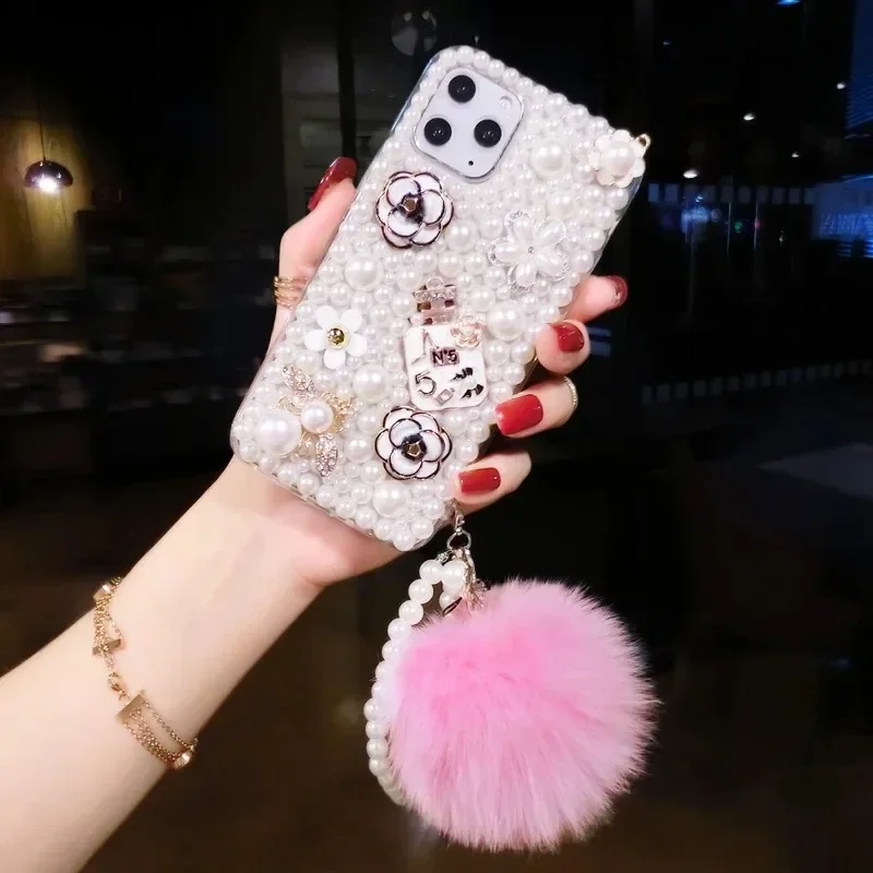 Bling Crystal Pearl Rhinestone Hairball Case for iPhone, Soft Clear Cover For iphone 16 12 13 14 15 Plus Pro Max, Fashion