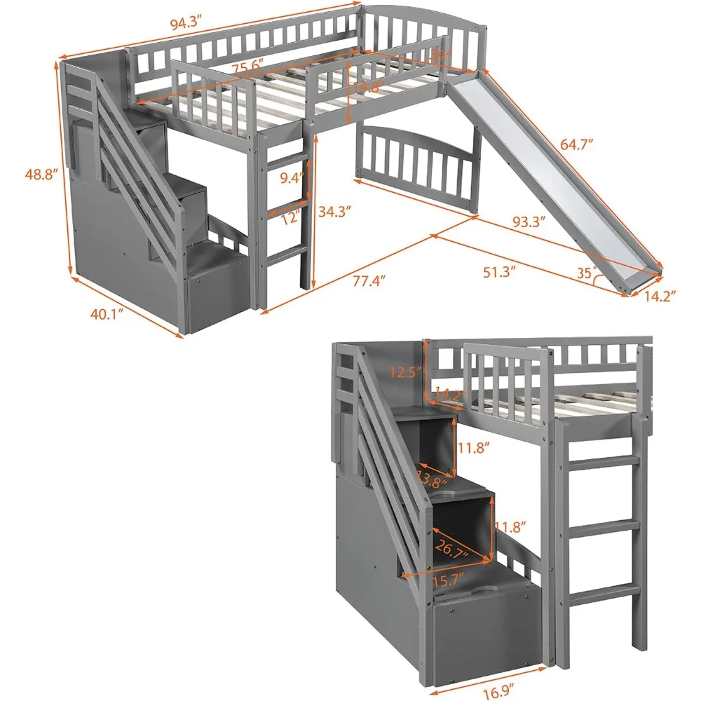 Twin Loft Bed with Slide for Kids, Wood Slide Loft Bed with Stairs and Built-in Ladder, No Box Spring Needed,Grey