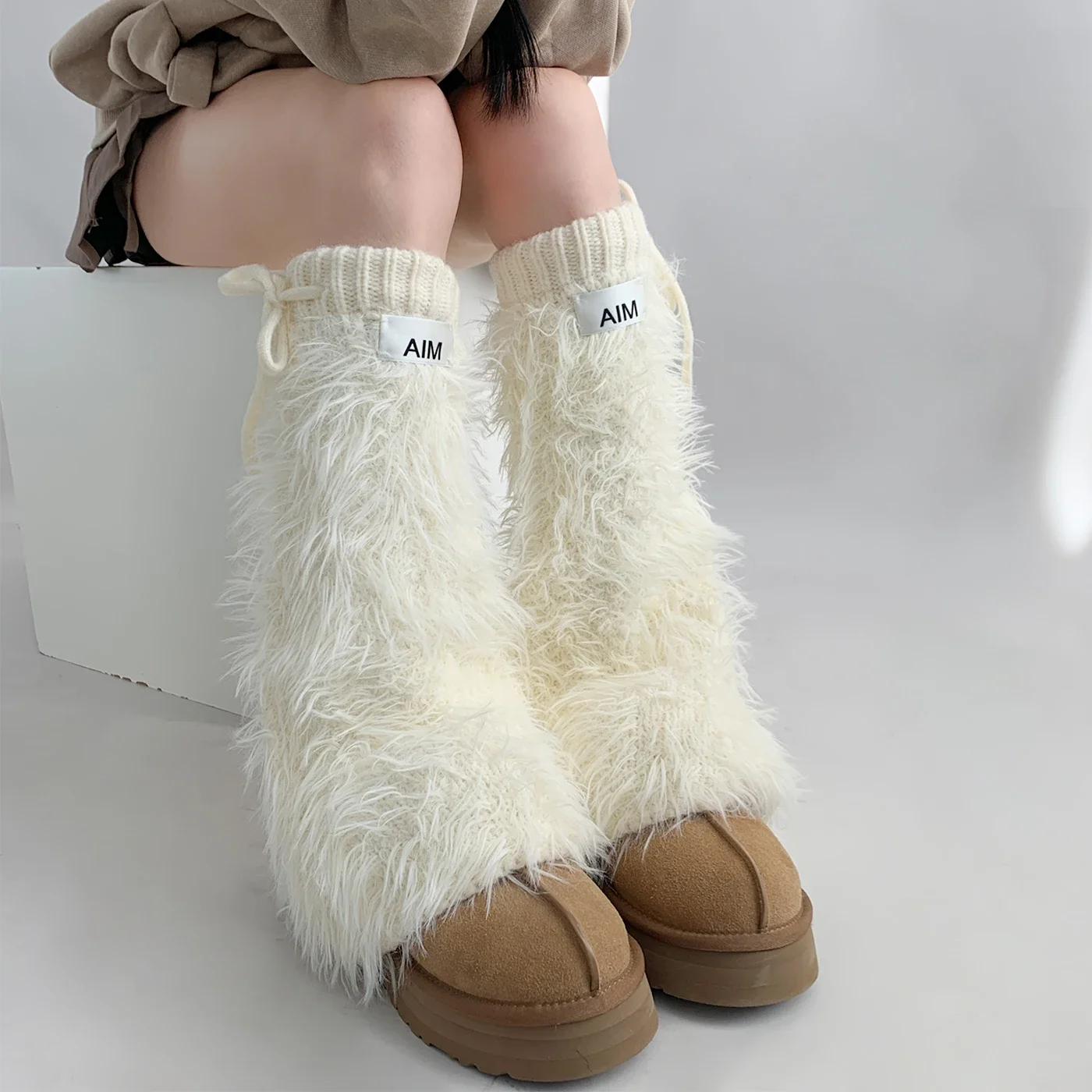 White Imitation Mink Leggings Women Furry Leg Warmers Y2k Boots Cover Lolita Boots Stocking Winter Warm Thickened Harajuku Socks