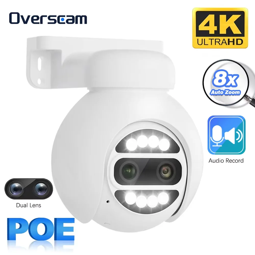 

Купольная PTZ-камера безопасности с двумя объективами, 8 МП, 4K, POE, 8-кратный оптический зум, 360° ° Скоростная купольная IP-камера наблюдения с двусторонней аудиосвязью POE PTZ