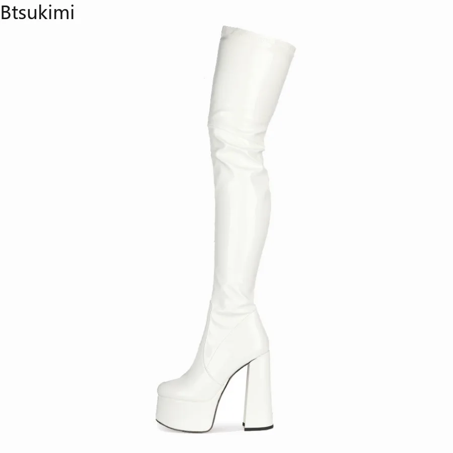 Ultra-High Hollow Thick Heel Elastic PU Material Knee Boots Ultra-High Waterproof Platform Side Zipper Tight-Fitting Long Boots