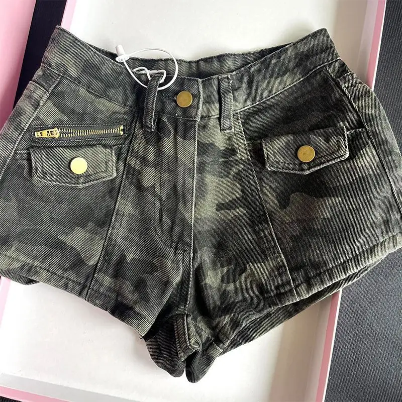 American High Street Camo Cargo Denim Shorts Women High Waist Hip Lifting Fashion Casual Hot Pants Shorts