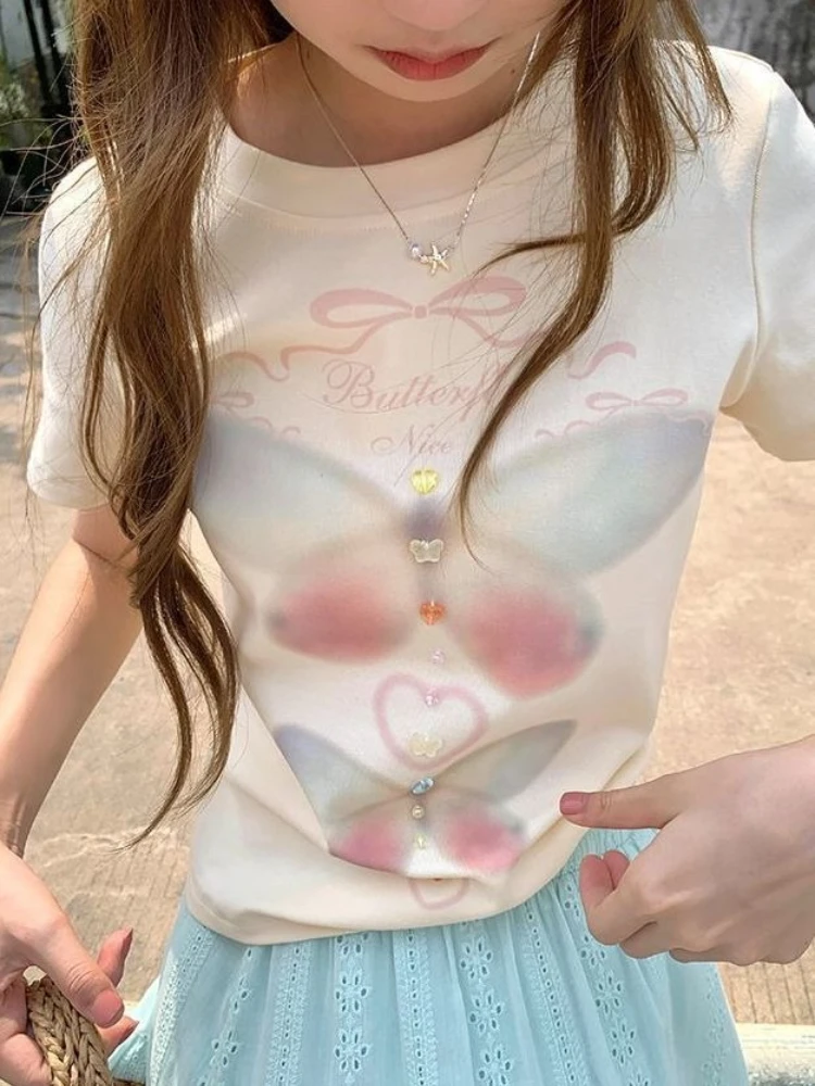 White Graphic Print T-shirts Women Sweet Aesthetic Short Sleeve Korean Fashion Tees Cutecore Slim Casual Chic