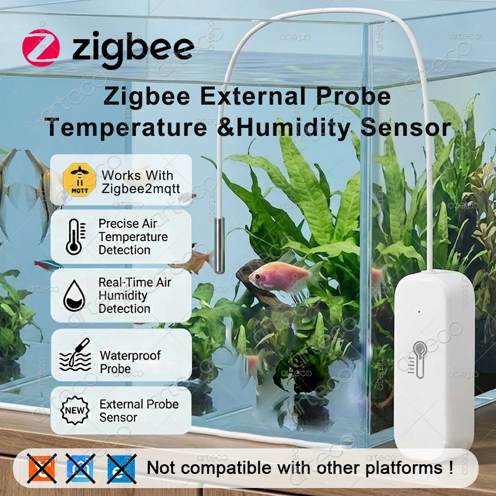 Zigbee Temperature Humidity Sensor With External Waterproof Probe Temprature Detection Compatible With Zigbee2MQTT Needs Gateway