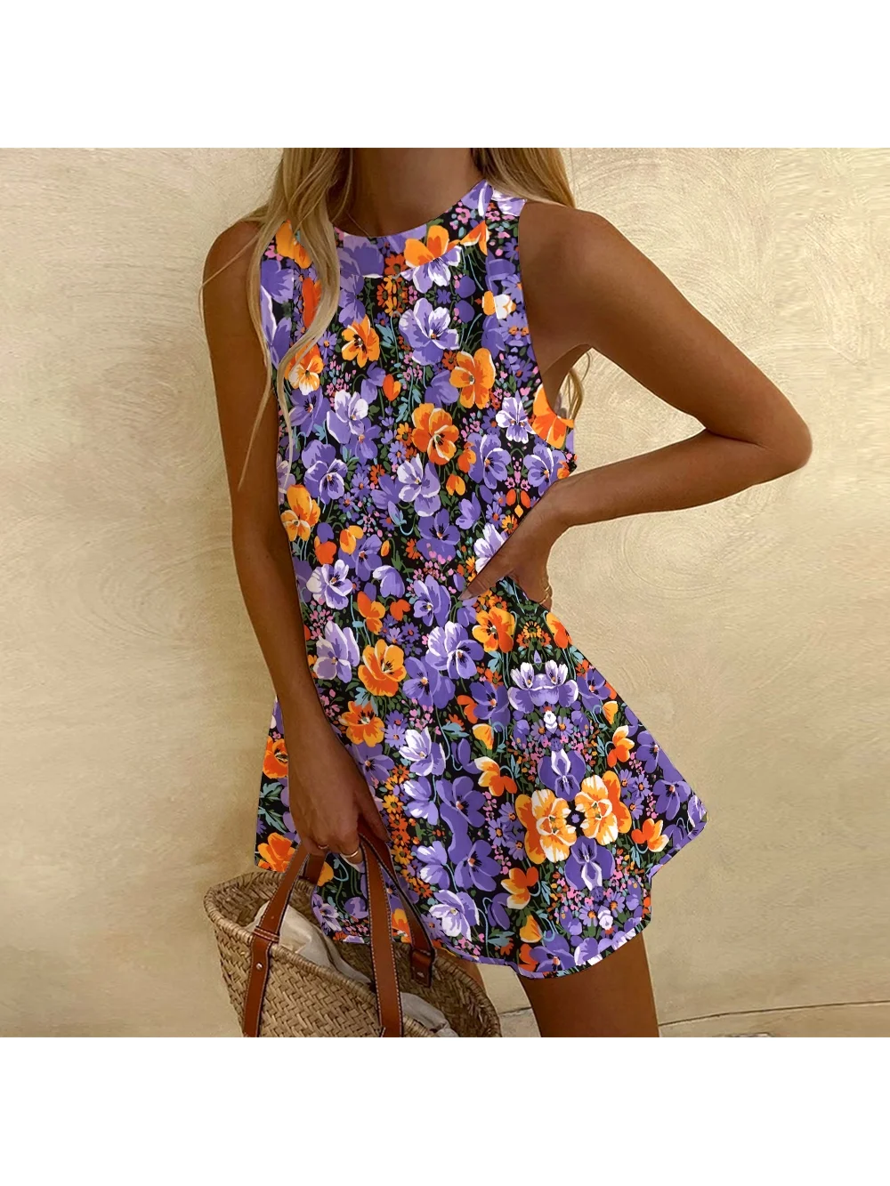 Elegant Purple Flower Print Dress Casual Ladies Crew Neck Sleeveless Beachwear High Quality Chic Party Dress Summer Loose