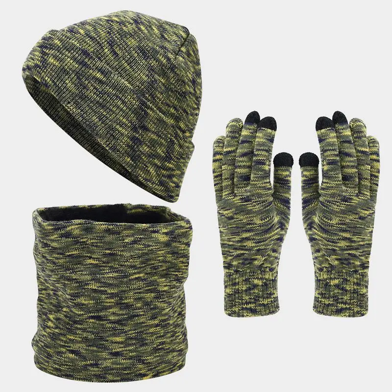 men women winter hat snood gloves set 3pcs striped knitted plush lining fleece-lined winter beanies unisex