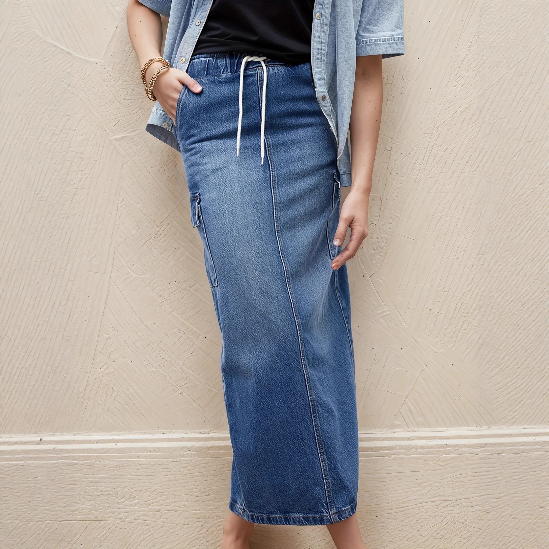 Autumn New 2026 Women's Denim Skirts Design Rubber Waist Drawstring Elastic Denim Blue Straight Long Skirts