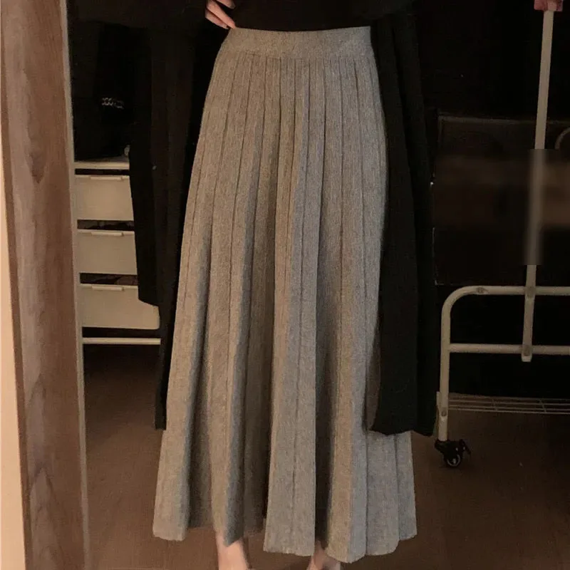 Hdspq Winter Woman Pleated Knitted Skirt Casual Solid Color High Waist Long Skirts Women Simple Loose Elastic Waist Skirt Ladies