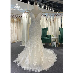 Newest 2023 Spaghetti Straps Champagne Lace Wedding Dress V Neck Mermaid  Luxury Appliques Embroidered Organza Bridal Dress