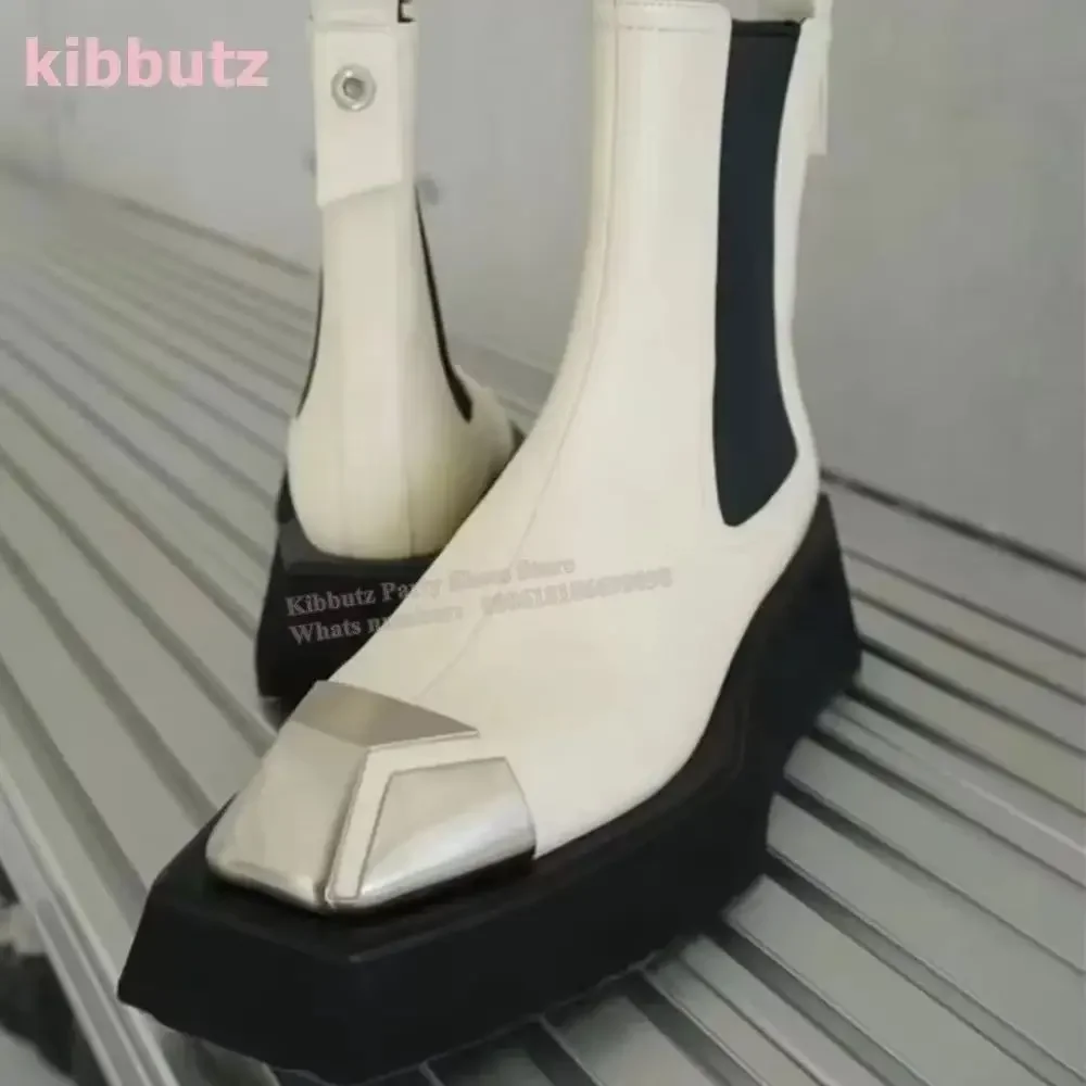 

Ankle Biker Boots Thick Sole Metal Square Toe Genuine Leather Solid Color Black Slip-On British Style Fashion Elegant Sexy Shoes