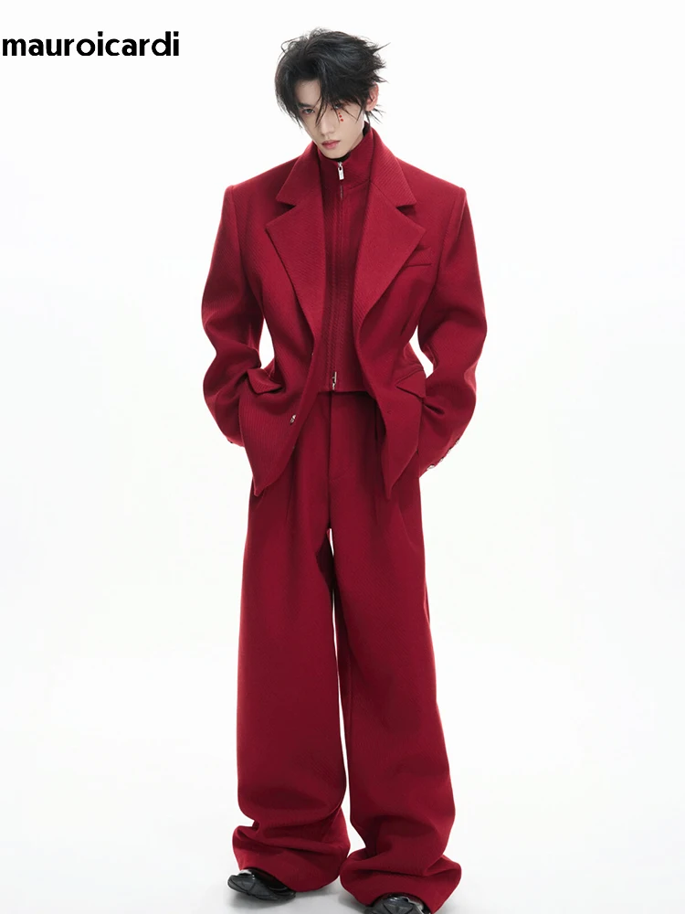 

Mauroicardi Spring Autumn Cool Red Blazer Coat for Men Single Breasted Luxury Designer Fake 2 Piece Clothes Emo Streetwear 2026