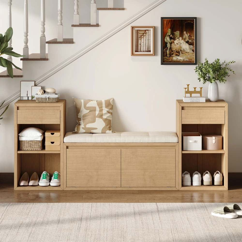 

TREXM All-in-One Entryway Storage Bench with Cushion, Compartments, Drawers,Mudroom, Living Room(Brown)