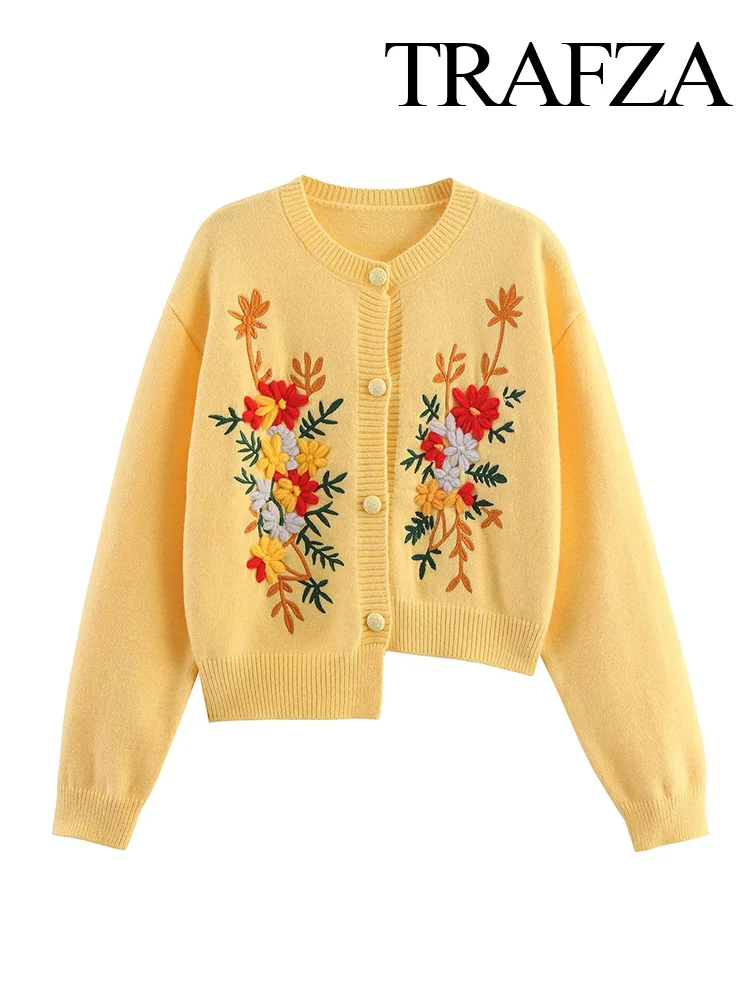 

TRAFZA Women 2025 Autumn Fashion Embroidered Irregular Hem Cardigan Sweater Female Temperament Single Breasted Long Sleeve Coat