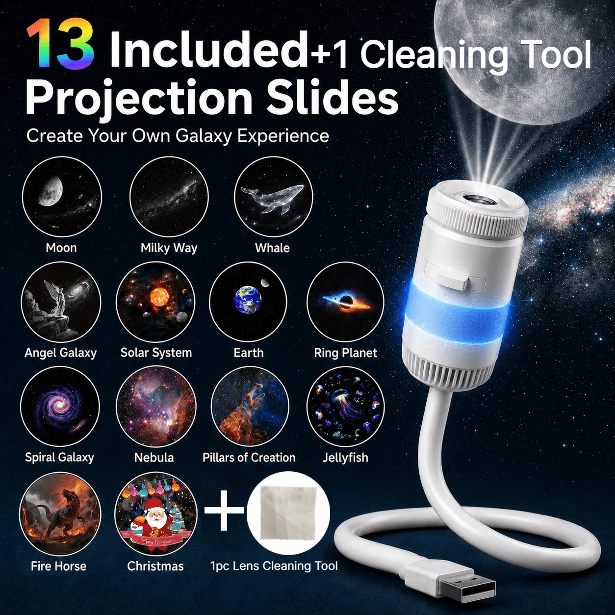 2in1 USB Ambient Light Mini Galaxy Star Projection Atmosphere Multiple Scenes Adjustable Focus Distance Night Lighting Function
