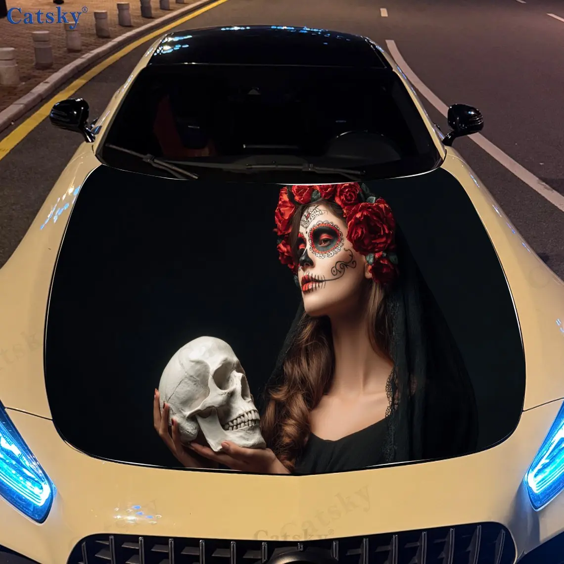 

Красное розовое мексиканское сахарное череп для девочек, ПВХ автомобильные виниловые обертки, самоклеящаяся водонепроницаемая наклейка на капот автомобиля, защита украшения автомобиля