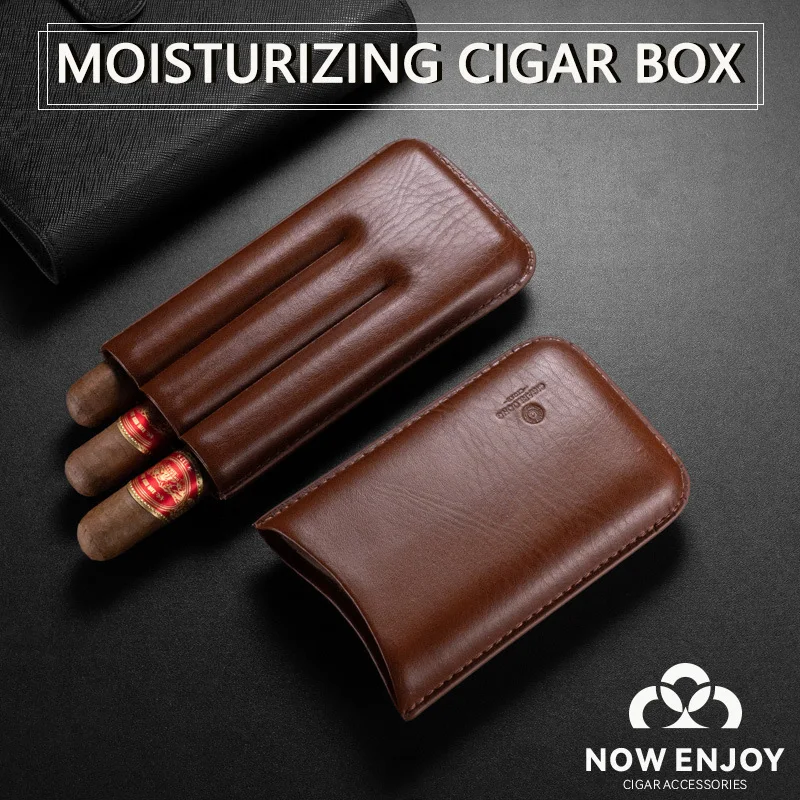 

NOW ENJOY Cowleather Portable Cigar Case 3-Finger Moisturizing Cigar Box Retaining Feature Travel And Portabilit Cigar Accessory