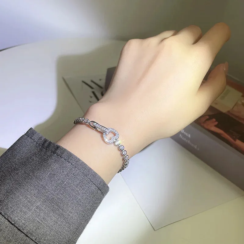 Simple White Gold 925 Silver Heart-shaped Bracelet Female Sterling Silver Zircon Bracelet Tennis