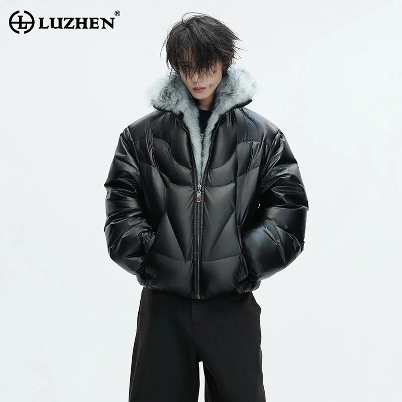 

LUZHEN 2025 Winter New High Quality Faux Fur Splicing Design Thickened Stand Neck Padded Coat Men Fashion Handsome Parka JY5628