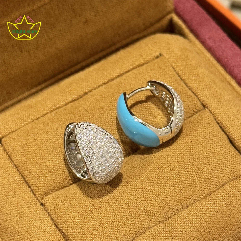 

Bright Stars S925 pure silver water drop enamel double-sided diamond stud earrings blue pine color light luxury earring