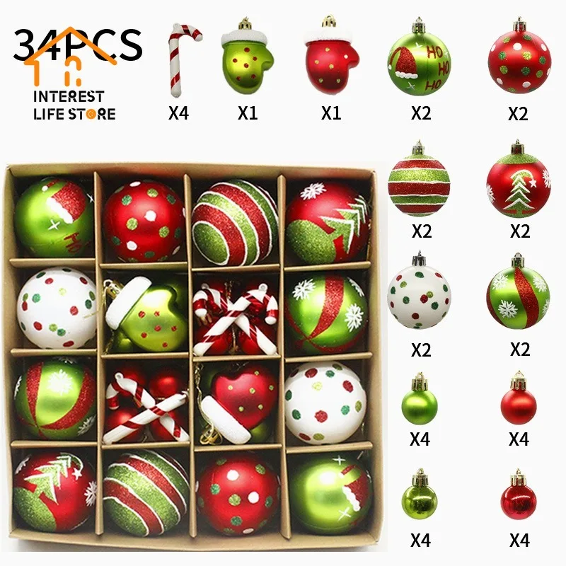 

New Hot 34Pcs Colored Christmas Balls Xmas Tree Hanging Pendant Ornament Home Festive Christmas Ball New Year Party Decorations