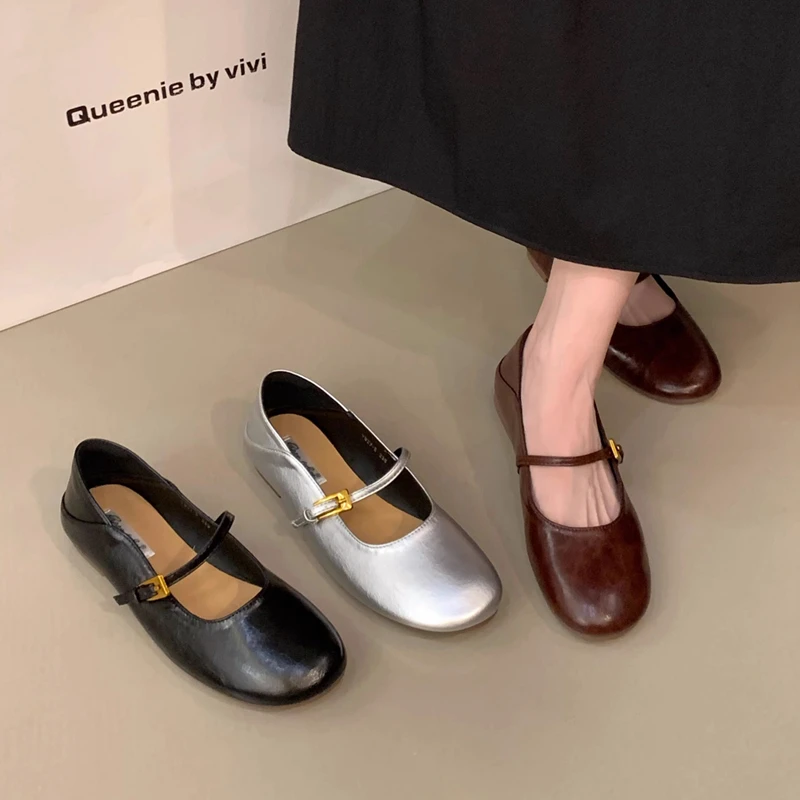 

SUOJIALUN 2025 Autumn Round Toe Flat Heel Women Mary Jane Shoes Fashion Round Toe Shallow Boat Shoes Soft Dress Single Shoes
