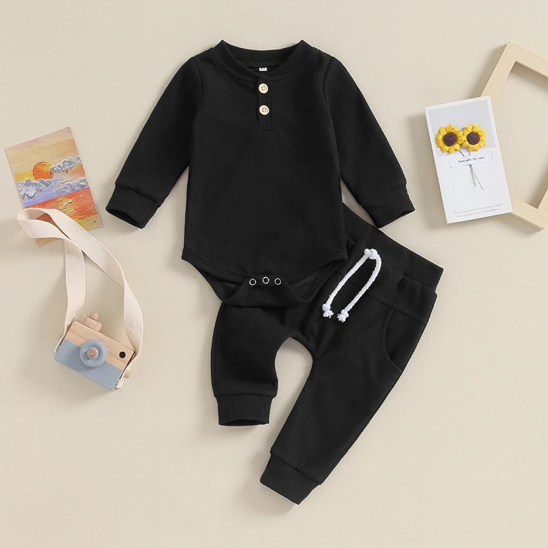 بوديكوكو-بدلة قفز وافل للبنات والاولاد ، رومبر بأكمام طويلة مع بنطال بخصر مطاطي ، بلون سادة ، من 0 إلى 12 سنة #4