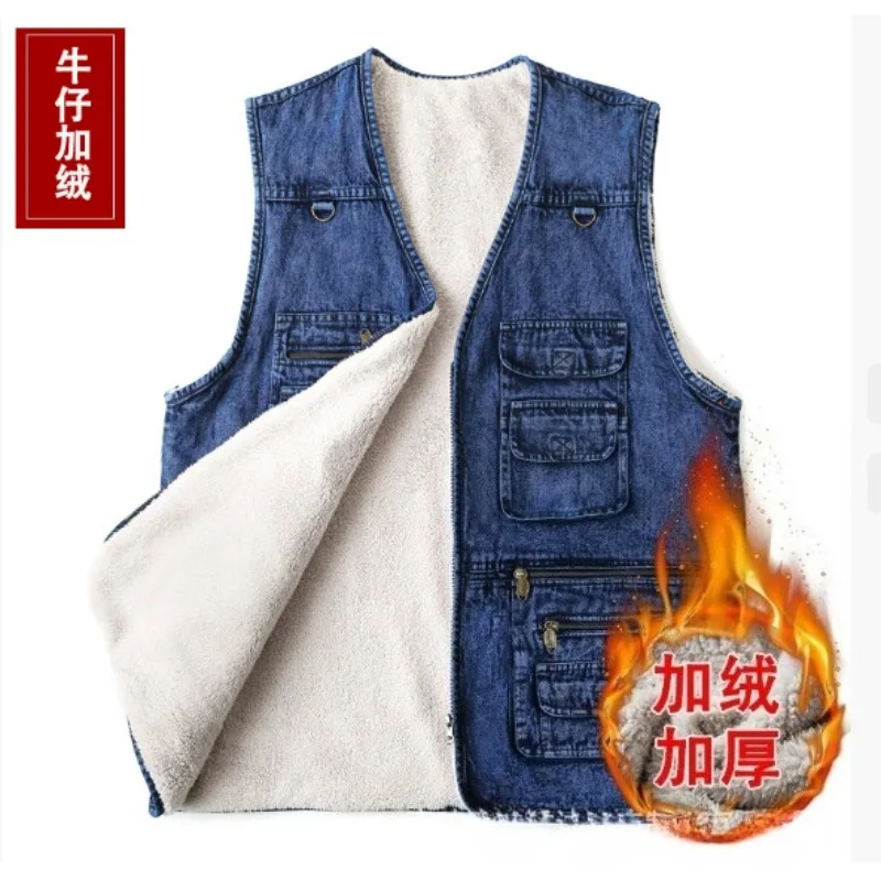 

Men's vest Outerwear Denim Waistcoat Deep Blue Color Plus Size Sleeveless Jacket Multi-pocket size XL to 7XL